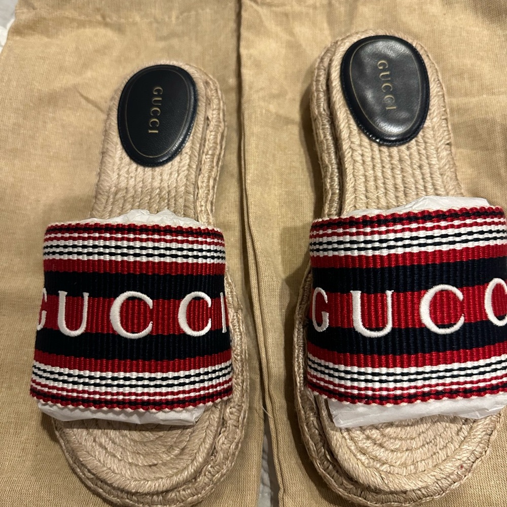 Gucci Red and Blue Espadrille Slides
